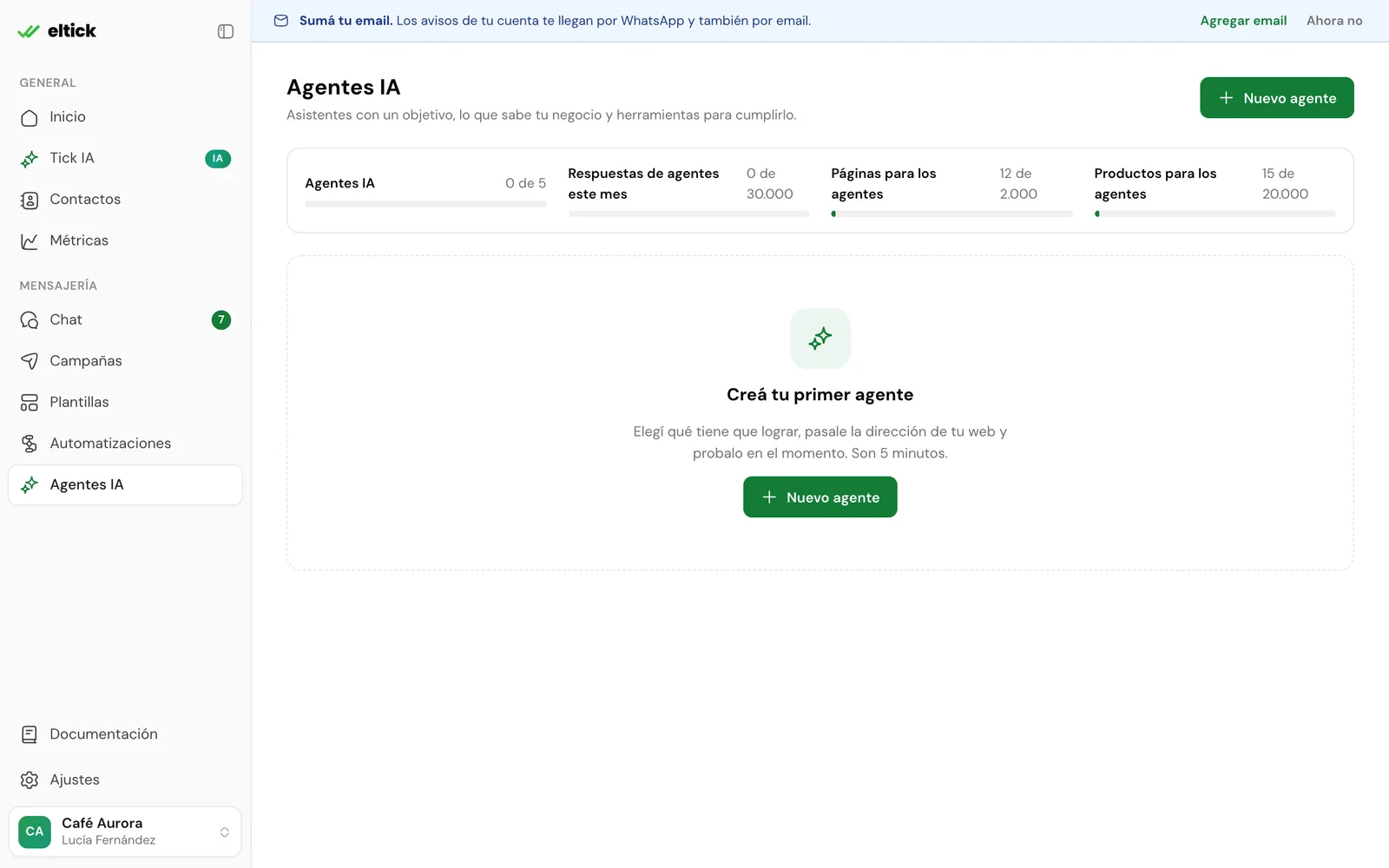 Agentes IA sin agentes: arriba los contadores de agentes, respuestas, páginas y productos del plan, y en el centro el botón Nuevo agente