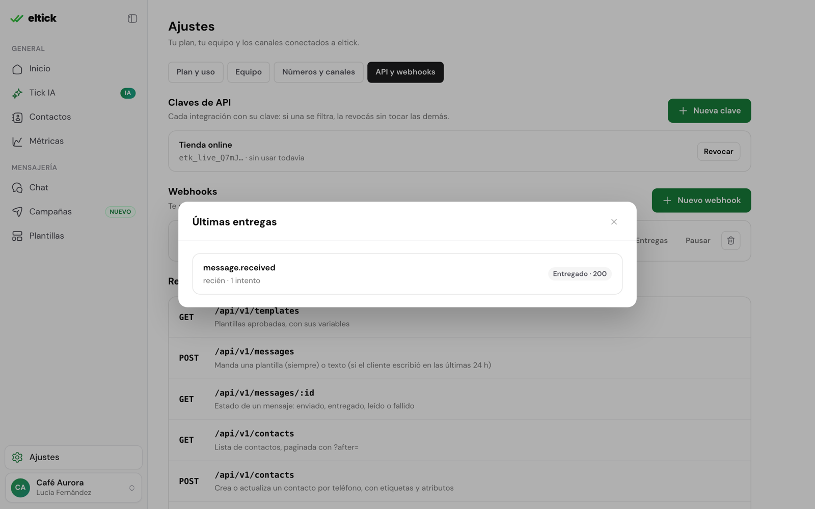 Historial de entregas de un webhook