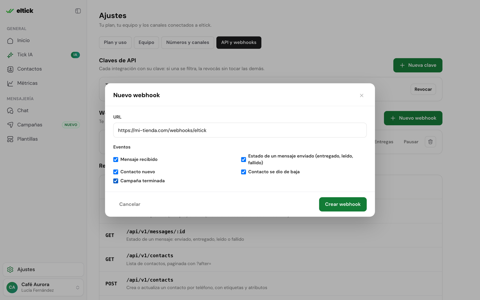 Diálogo Nuevo webhook con la URL y los cinco eventos marcados