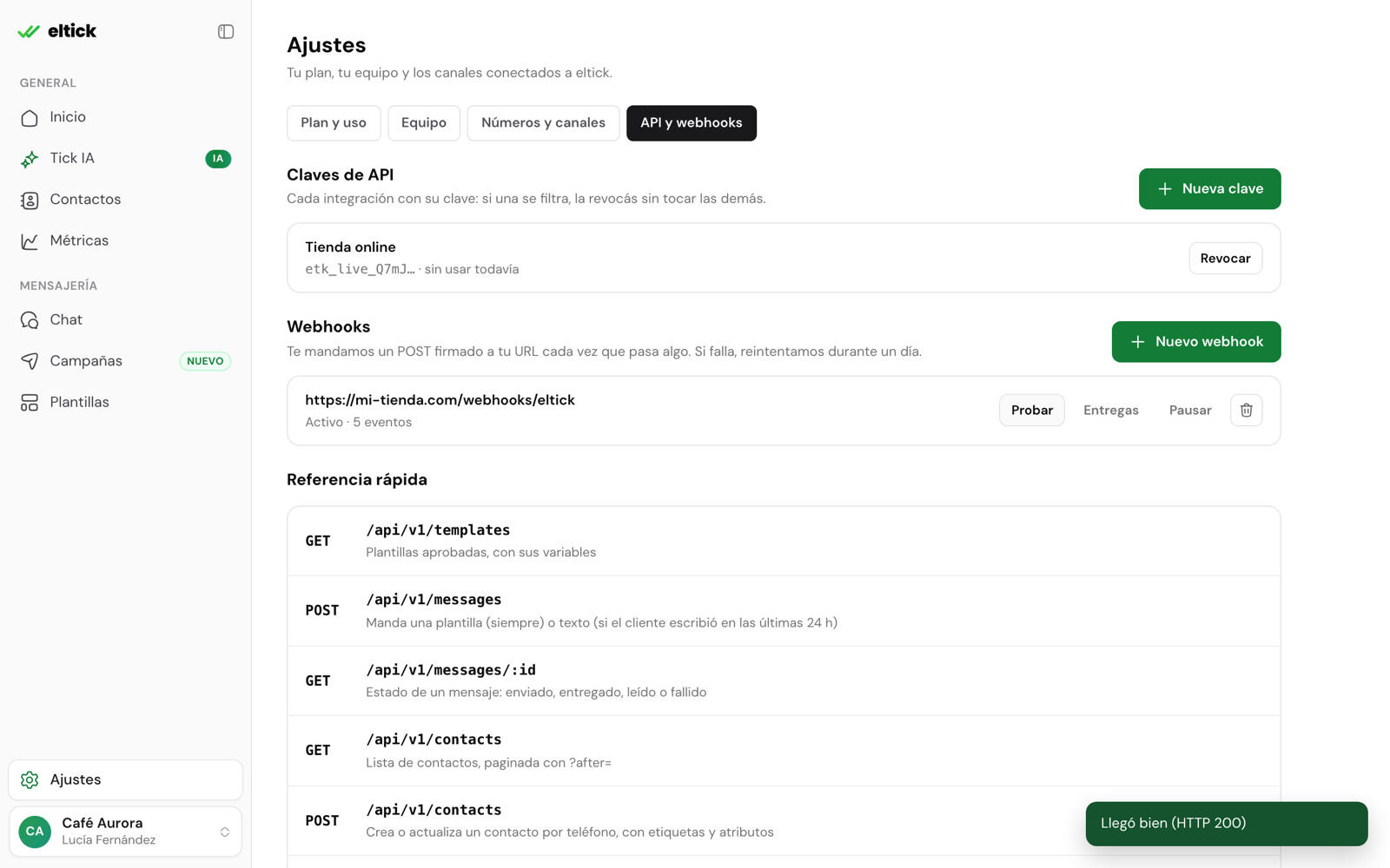 Aviso Llegó bien (HTTP 200) después de probar el webhook