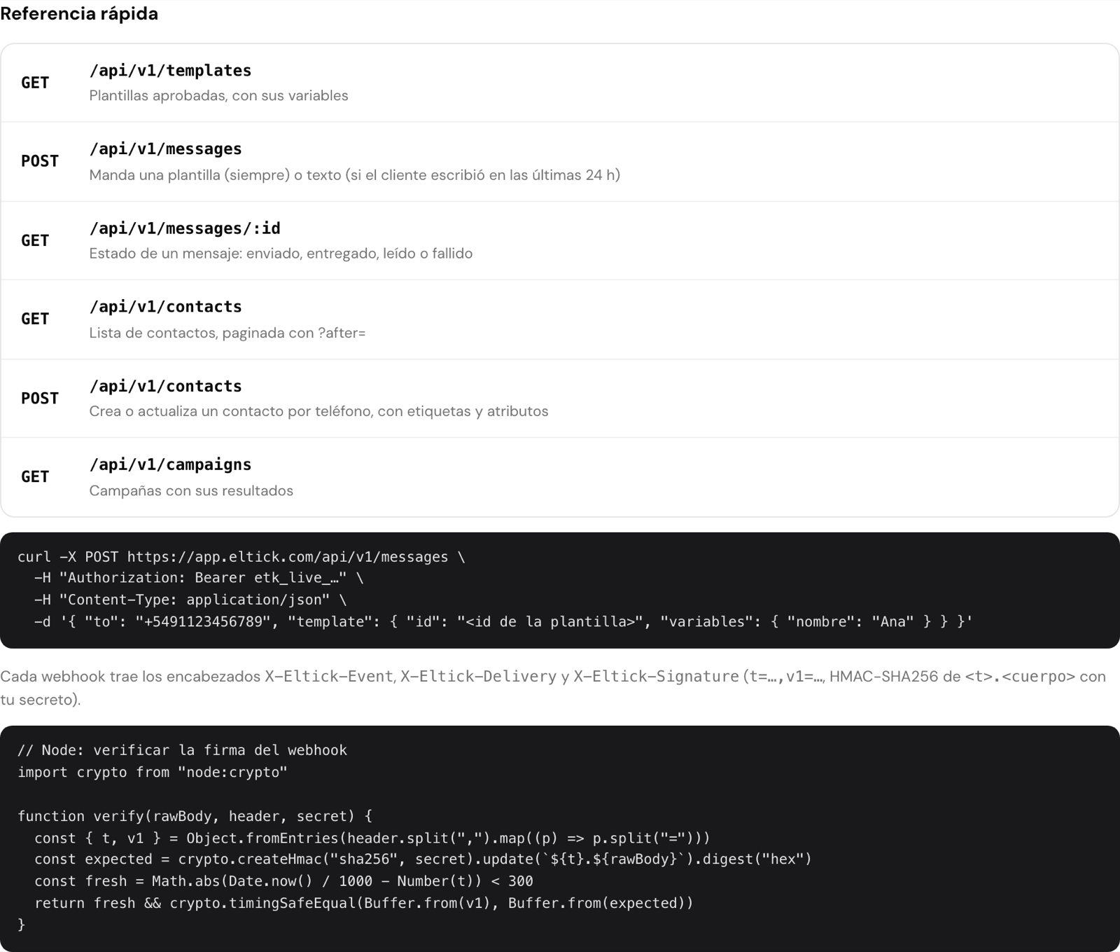 Referencia rápida de la API dentro de Ajustes de eltick
