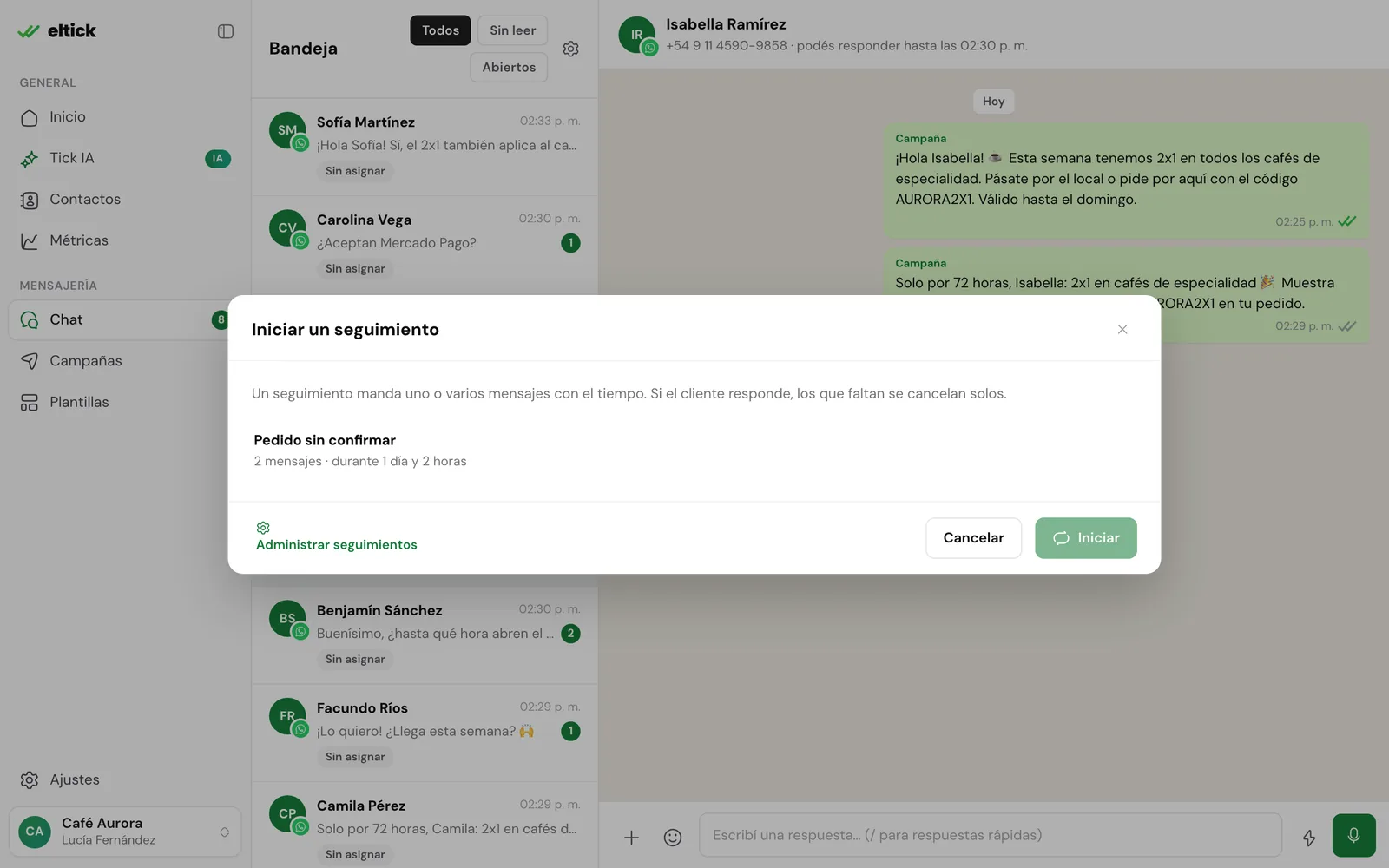 Diálogo Iniciar un seguimiento con la secuencia Pedido sin confirmar