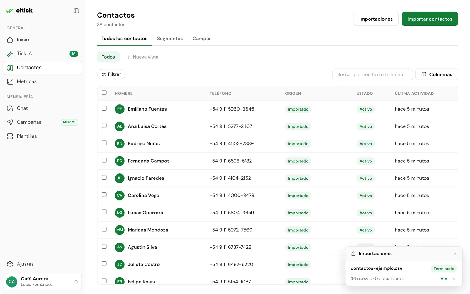 Lista de contactos importados con nombre, teléfono, origen, estado y última actividad