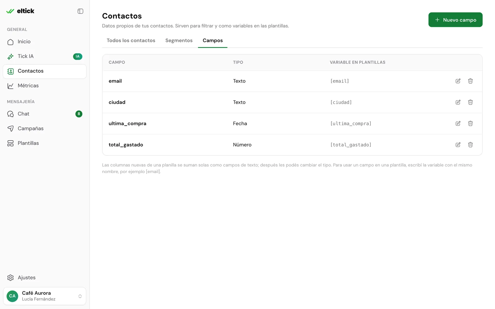 Pestaña Campos con email, ciudad, ultima_compra y total_gastado, cada uno con su tipo y su variable