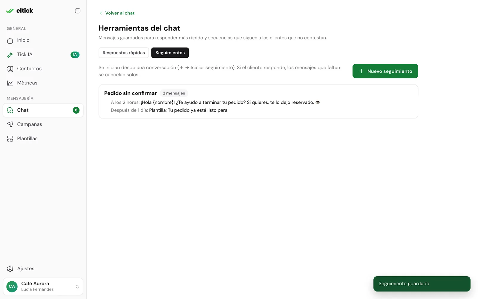 Lista de seguimientos con Pedido sin confirmar y sus dos mensajes