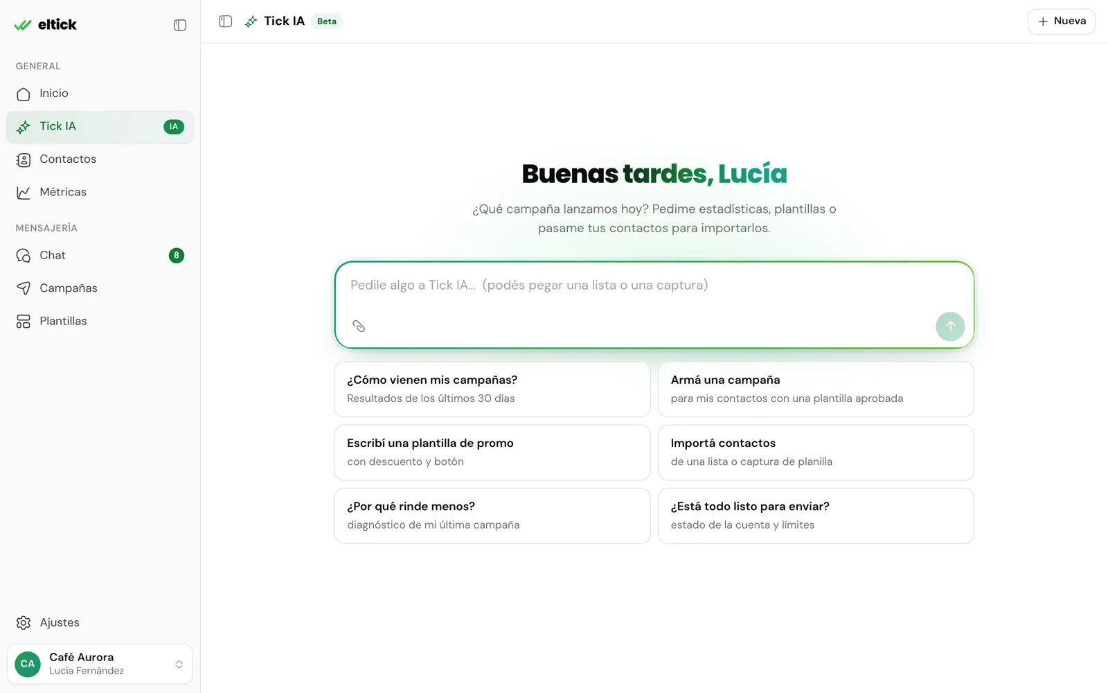 Pantalla de inicio de Tick IA con sugerencias de preguntas