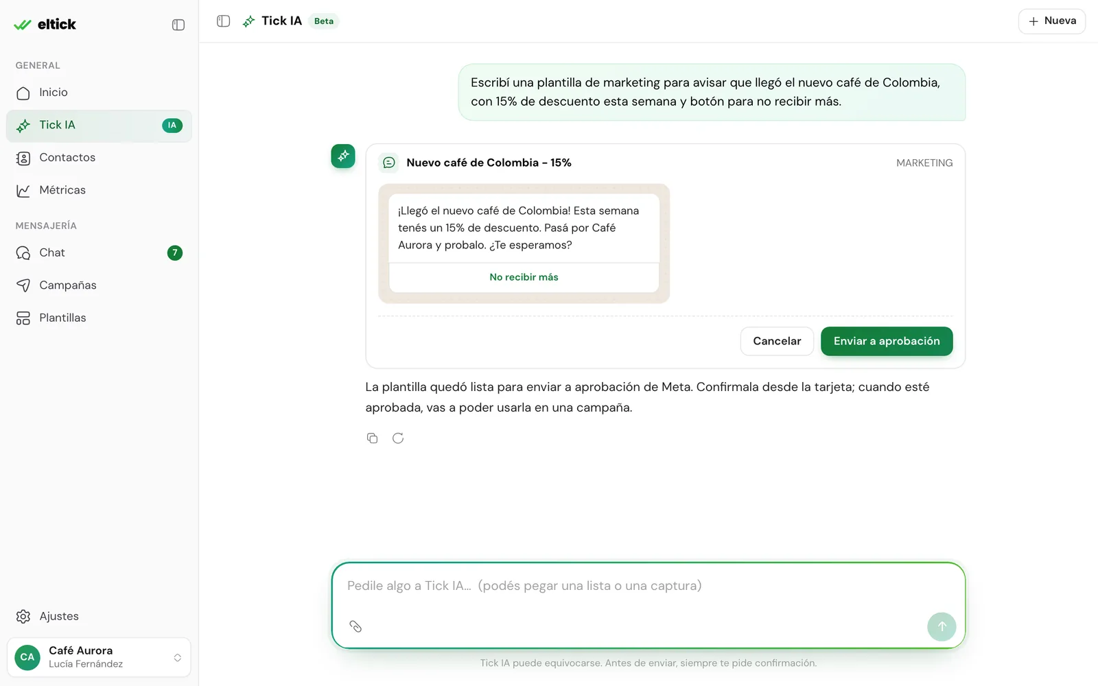 Tarjeta de confirmación de Tick IA con una plantilla lista para enviar a aprobación de Meta