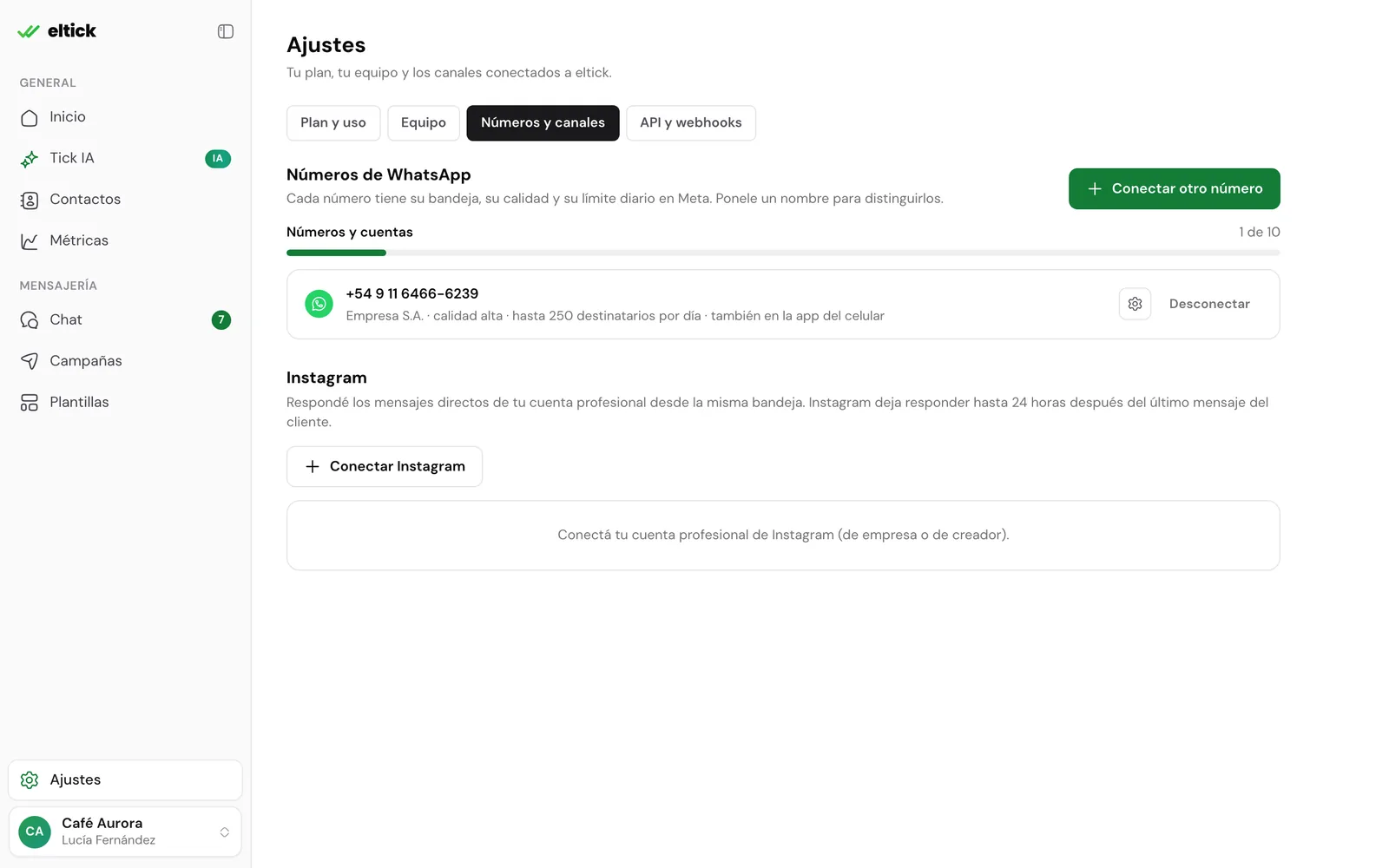 Sección Instagram en Ajustes con el botón Conectar Instagram