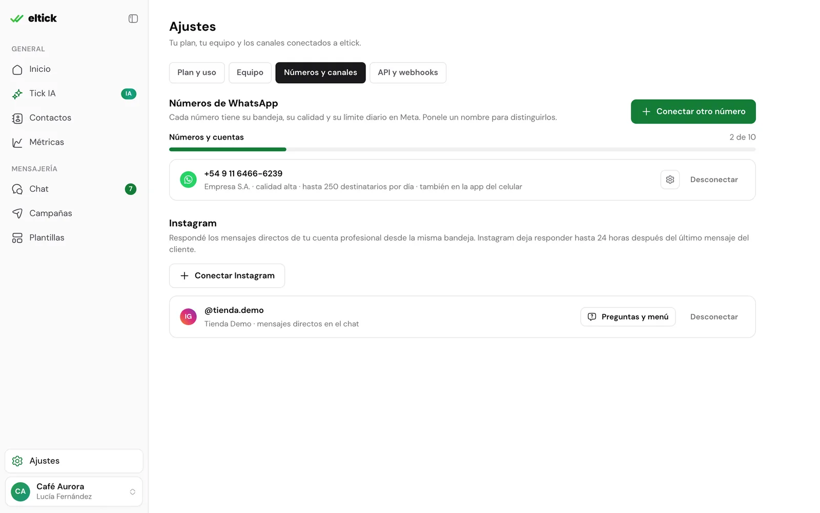 Cuenta de Instagram conectada en Ajustes, con los botones Preguntas y menú y Desconectar