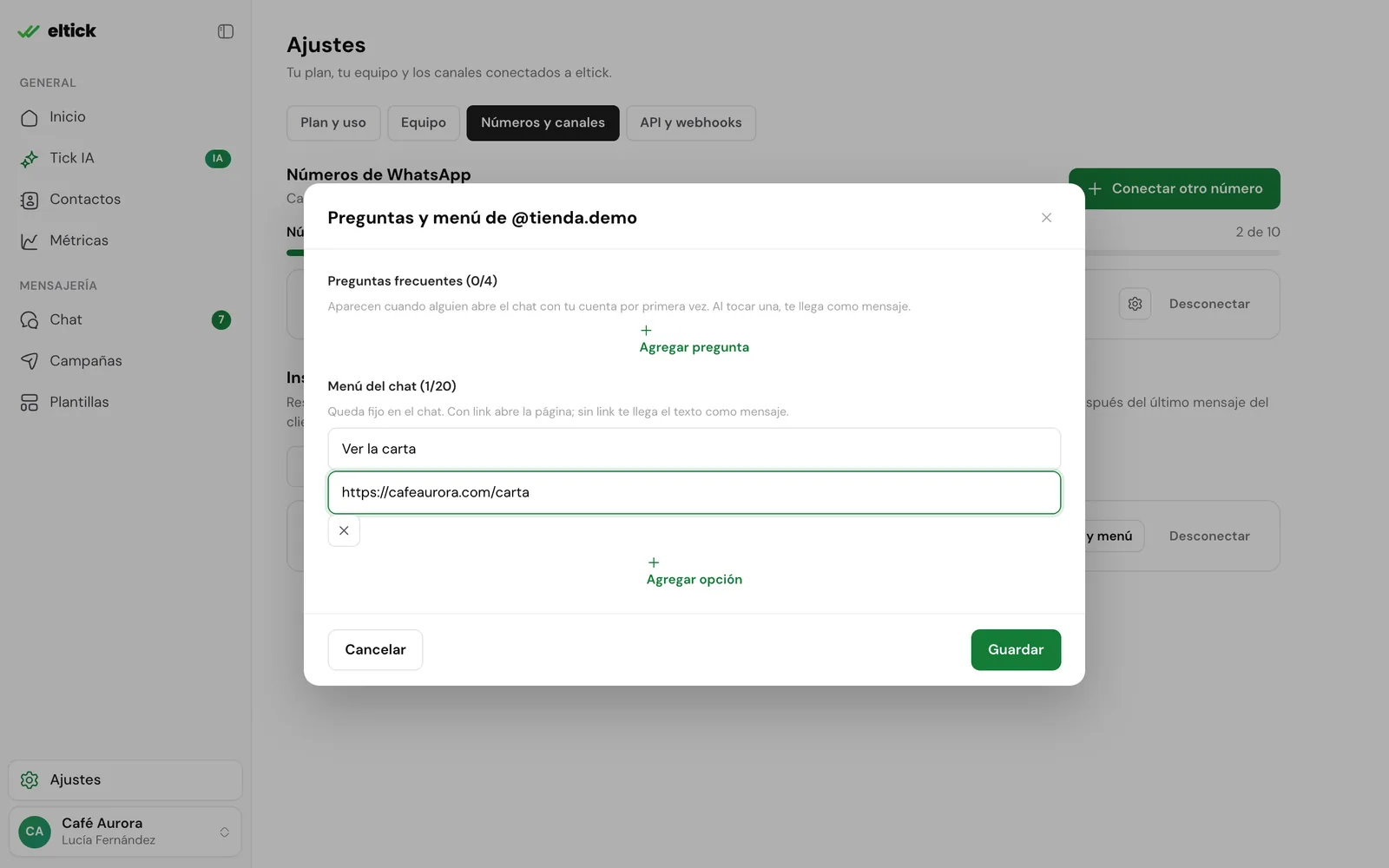 Diálogo Preguntas y menú con una opción Ver la carta que abre un link